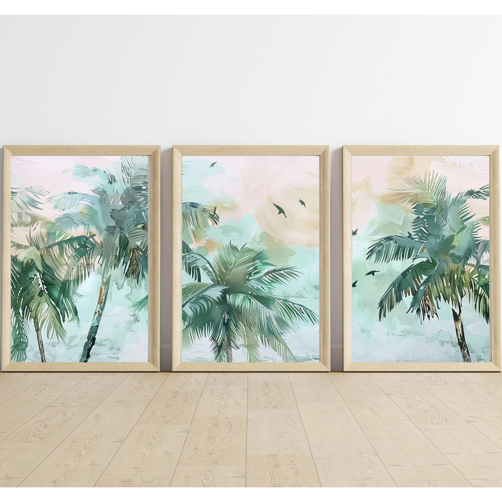 Pastel Palm Tree Set of 3 | Dreamy Vacation | Acrylic Painting of Paradise by OceanBlueeArt