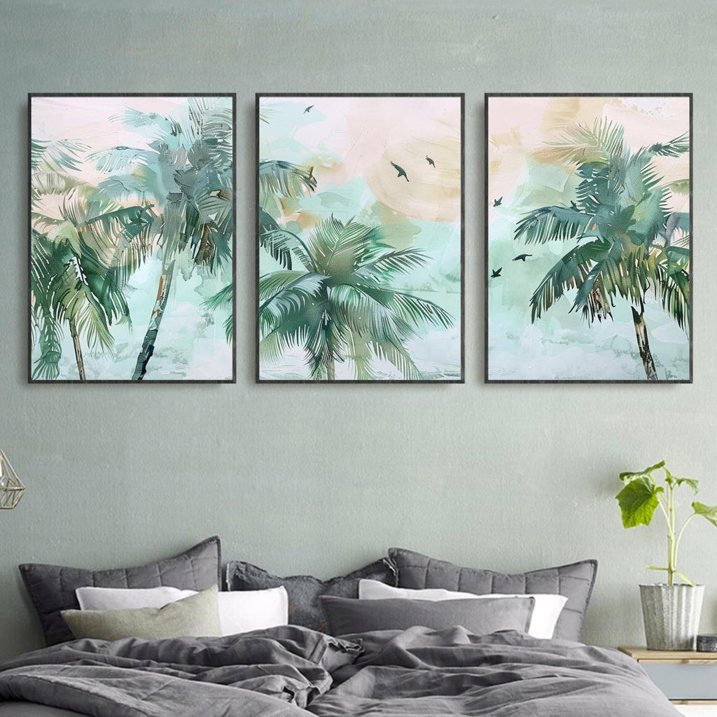 Pastel Palm Tree Set of 3 | Dreamy Vacation | Acrylic Painting of Paradise by OceanBlueeArt