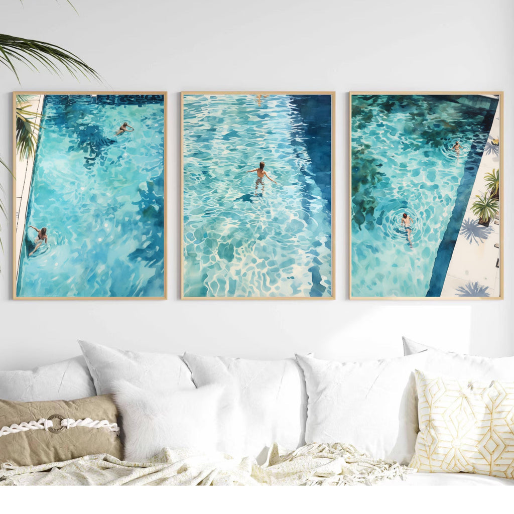 Swimming Pool Art Set of 3 | Tranquil Pool Painting with reflecting Water | Palm Springs inspired Watercolor Painting made into Prints