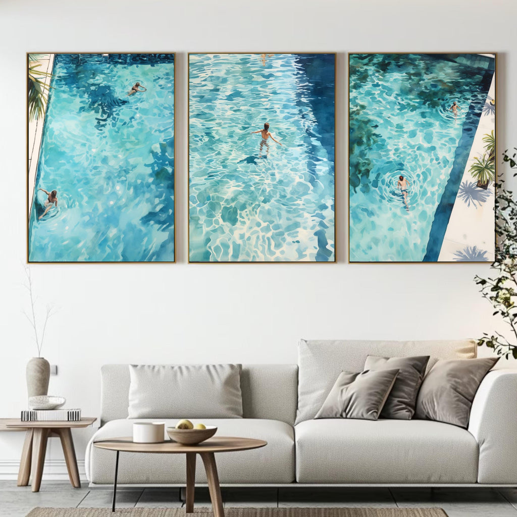 Swimming Pool Art Set of 3 | Tranquil Pool Painting with reflecting Water | Palm Springs inspired Watercolor Painting made into Prints