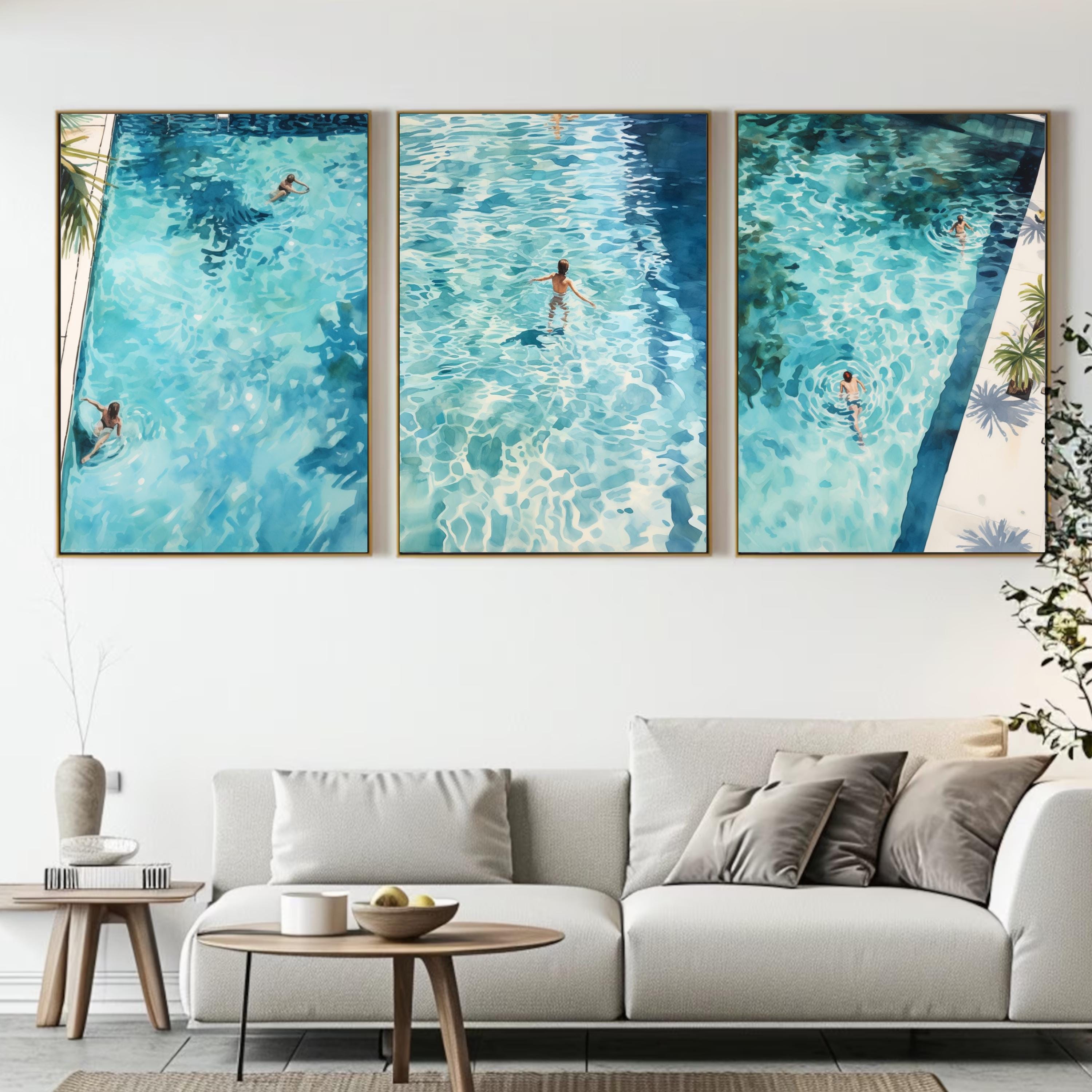 Swimming Pool Art Set of 3 | Tranquil Pool Painting with reflecting Water | Palm Springs inspired Watercolor Painting made into Prints