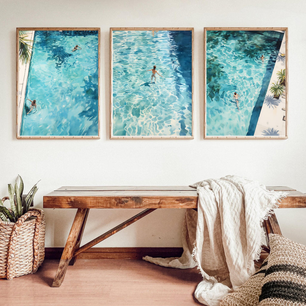 Swimming Pool Art Set of 3 | Tranquil Pool Painting with reflecting Water | Palm Springs inspired Watercolor Painting made into Prints