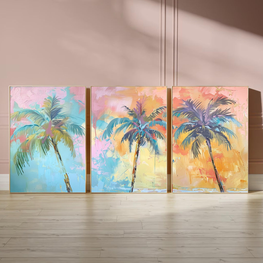 Modern Funky Palm Tree Set of Three - Tropical Serenity: Pastel Palm Dreams