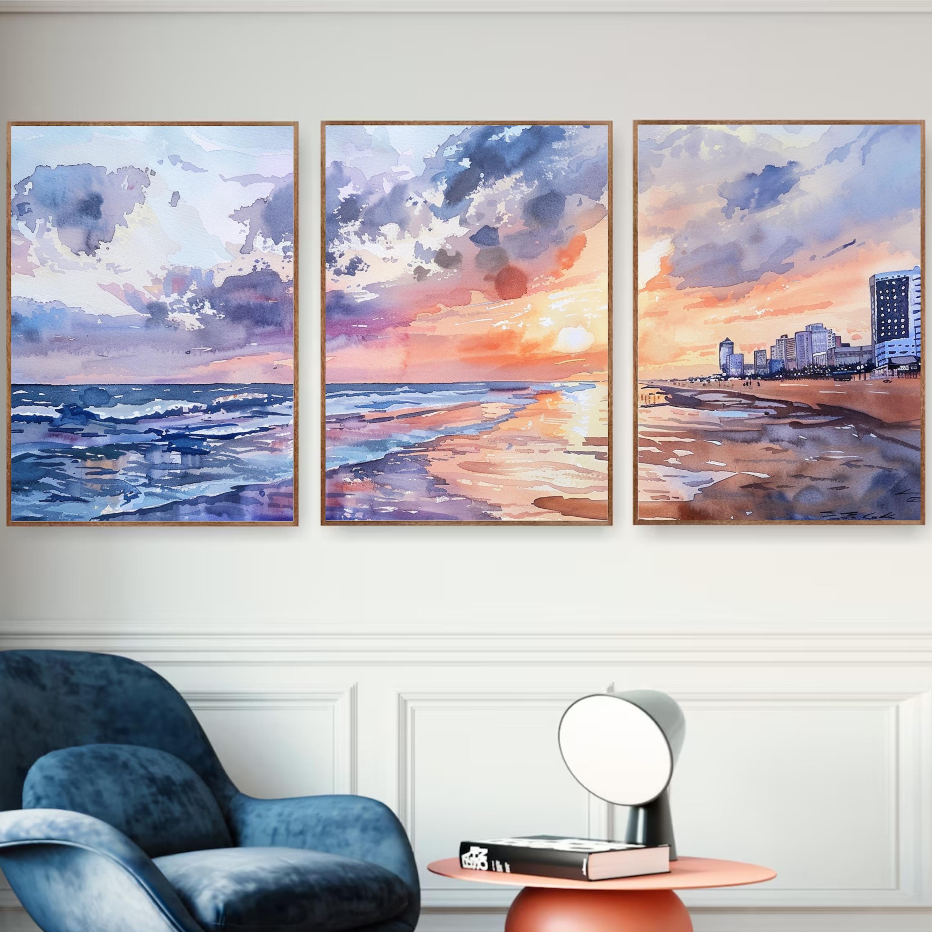 Watercolor painting of Virginia Beach at sunset with vibrant colors