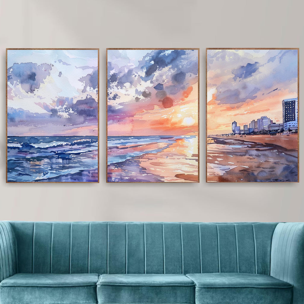 Virginia Beach Sunset Watercolor Painting - Coastal Evening Skyline Art
