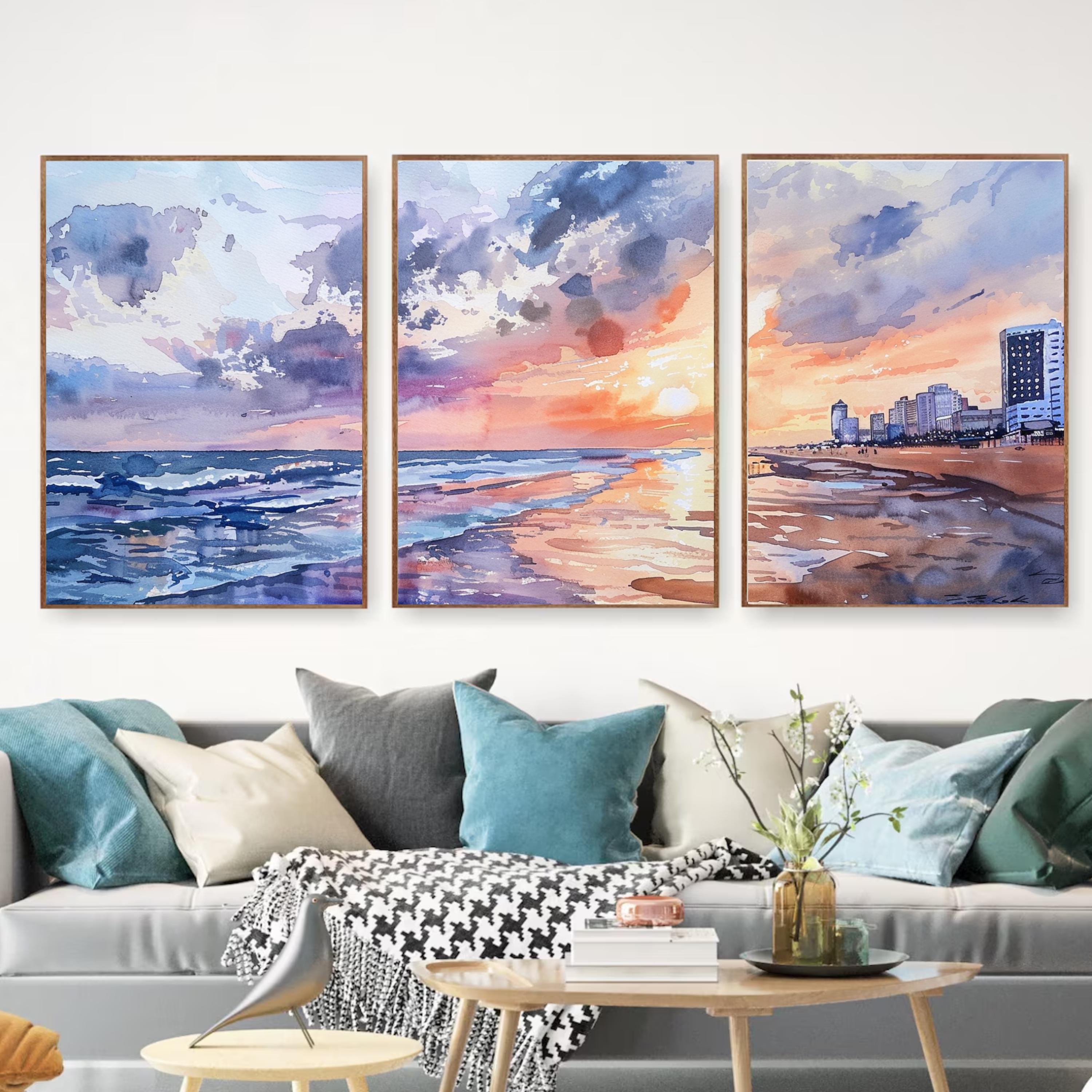 Virginia Beach sunset art with calming blues and orange hues