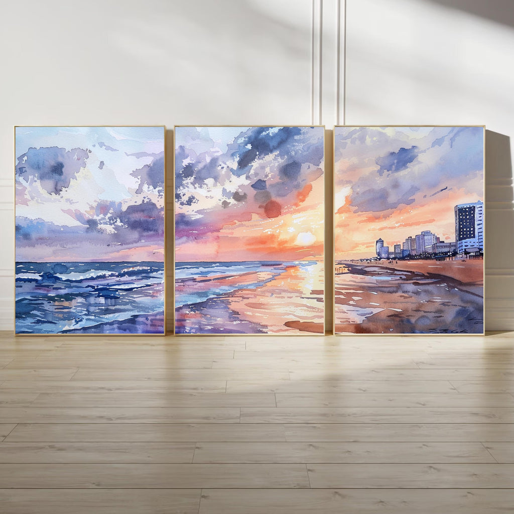 Virginia Beach Sunset Watercolor Painting - Coastal Evening Skyline Art