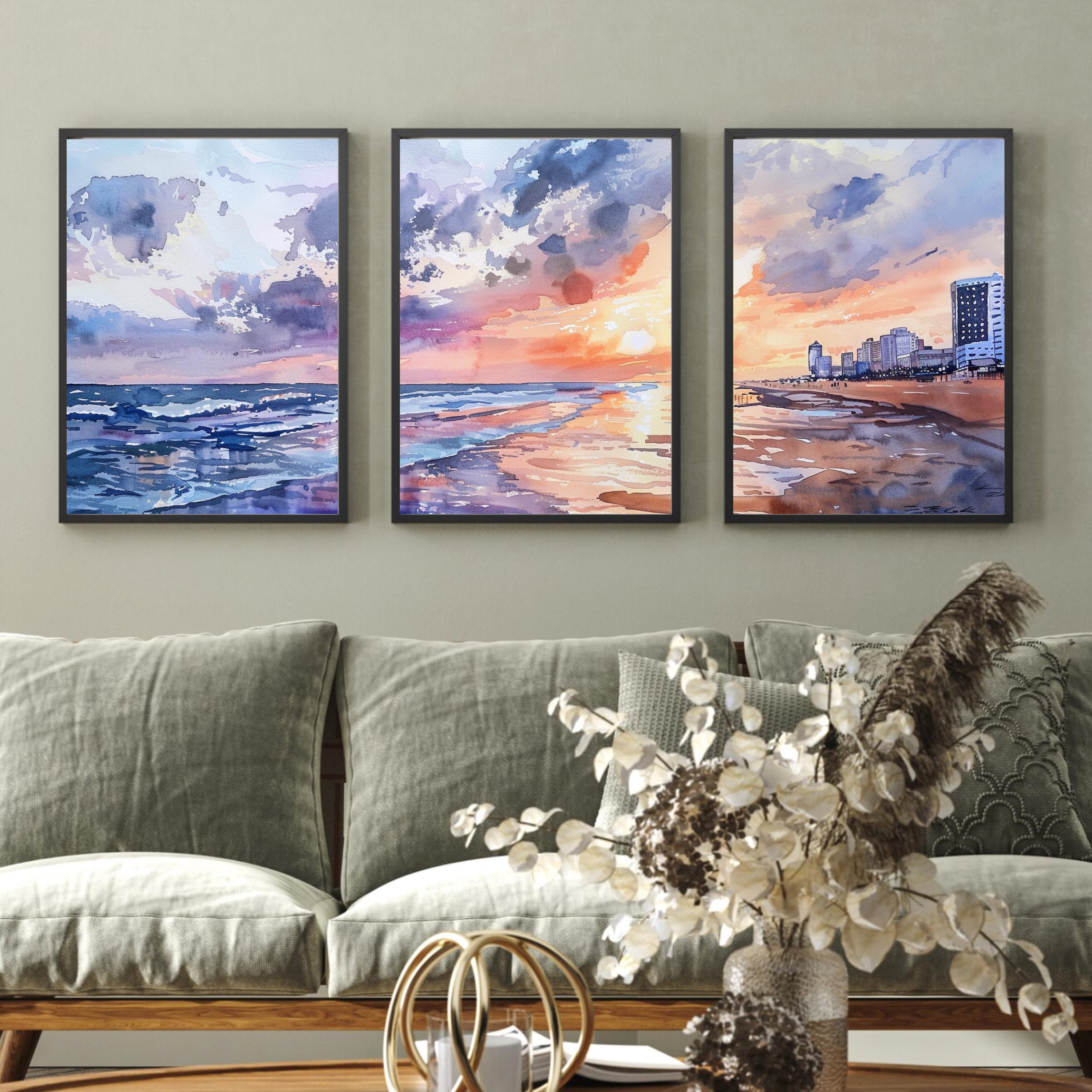 Virginia Beach Sunset Watercolor Painting - Coastal Evening Skyline Art