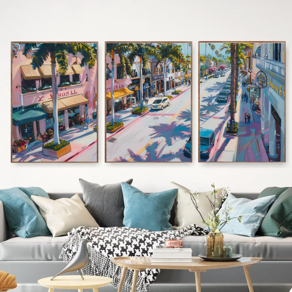 Beverly Hills wall art set with palm-lined avenues and glamour