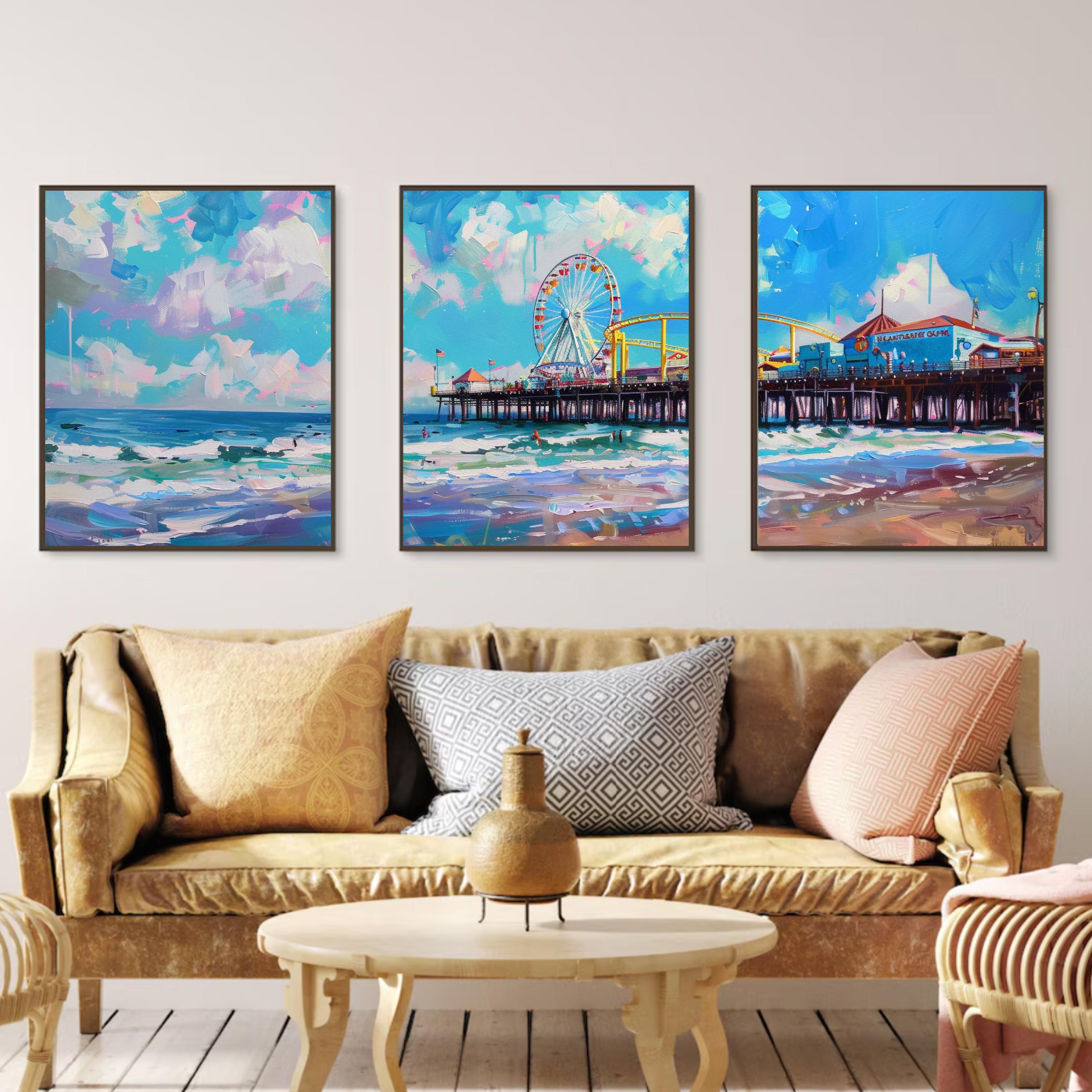Beachside wall art set with Santa Monica landmarks
