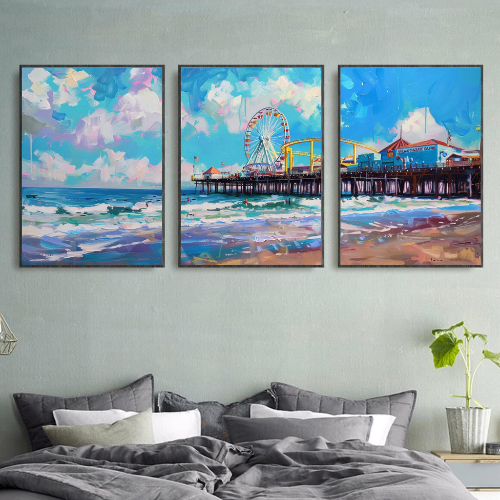 Santa Monica Pier poster set with Ferris Wheel and ocean views