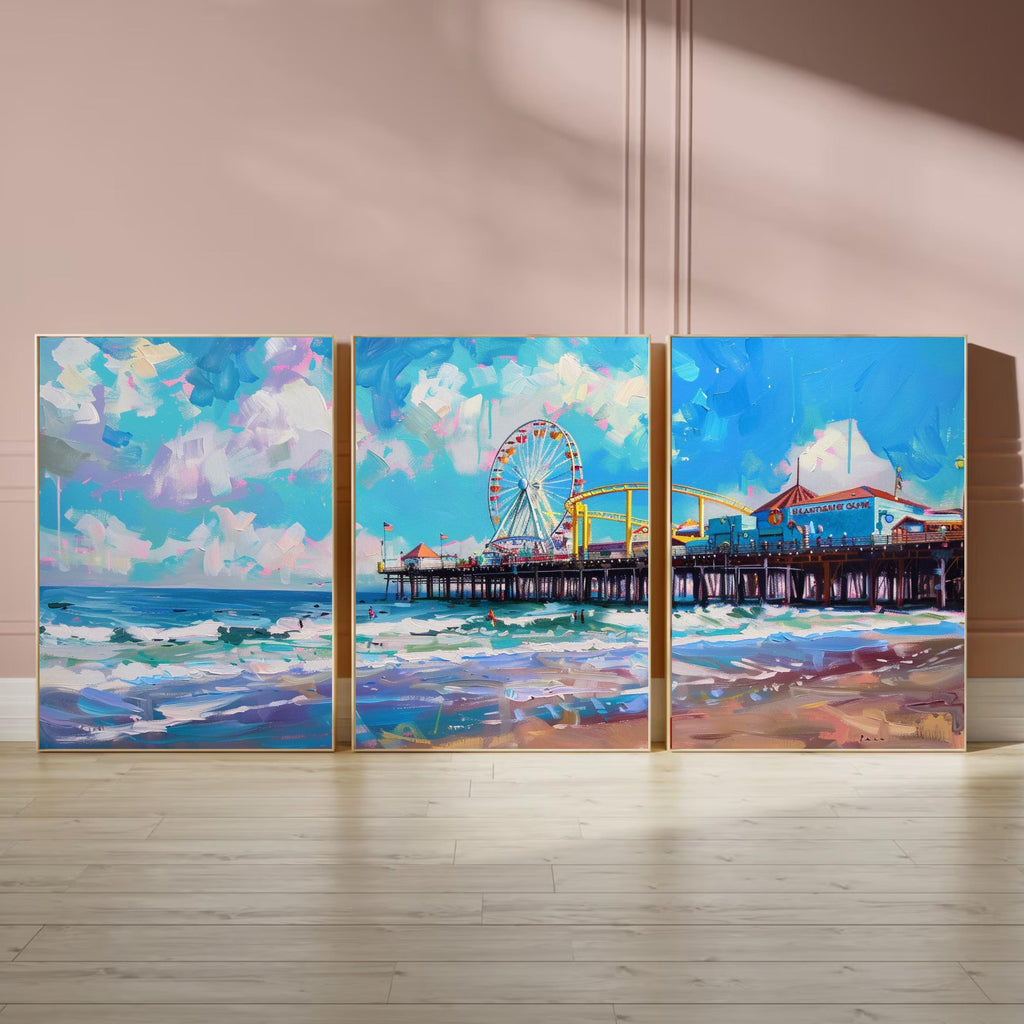Santa Monica Pier Poster Set of 3 - Coastal Art Prints with Ferris Wheel and Jetty