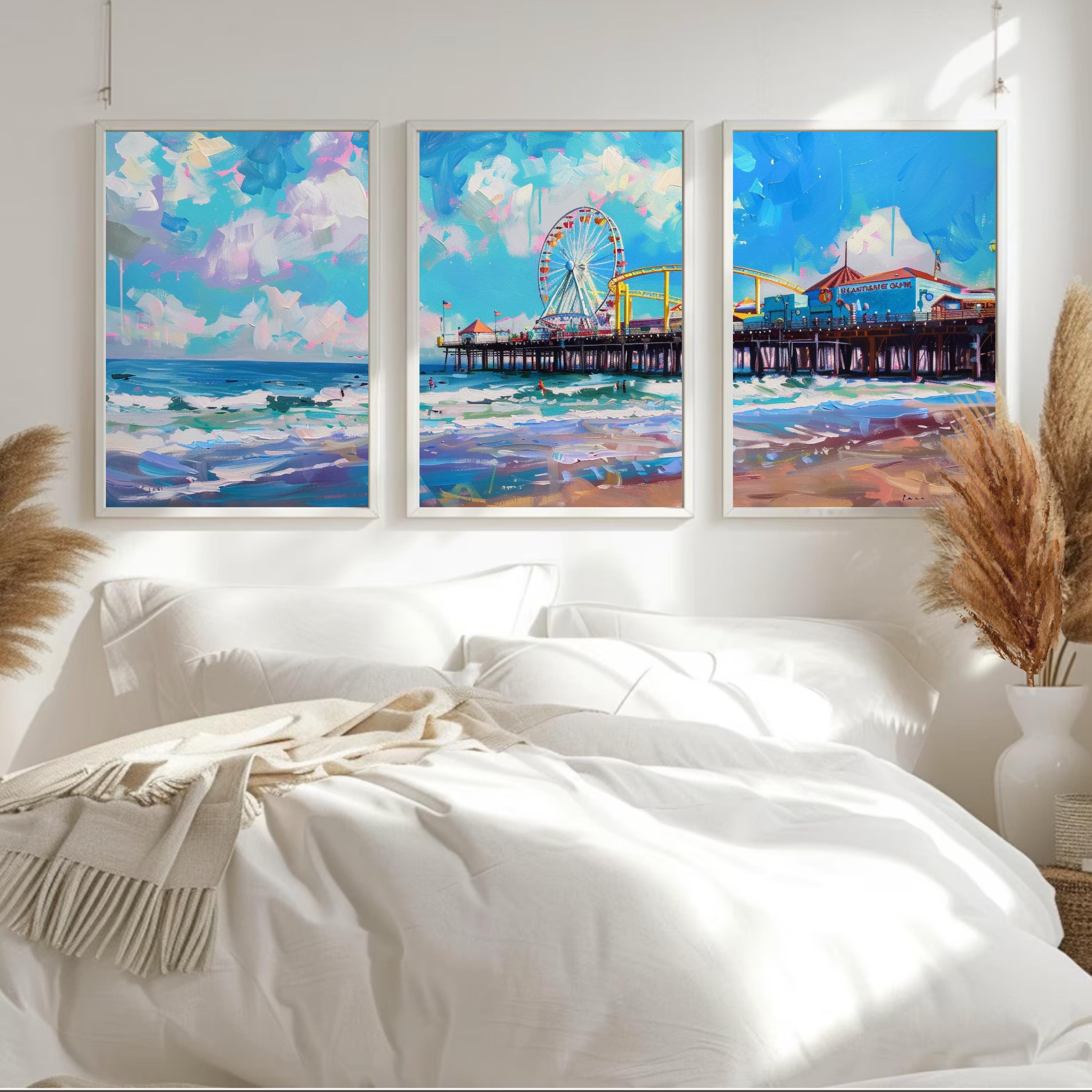 Santa Monica Pier Poster Set of 3 - Coastal Art Prints with Ferris Wheel and Jetty