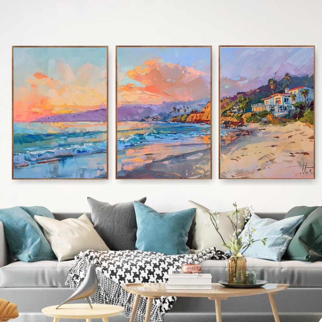 Seaside wall art set with Malibu coastal views