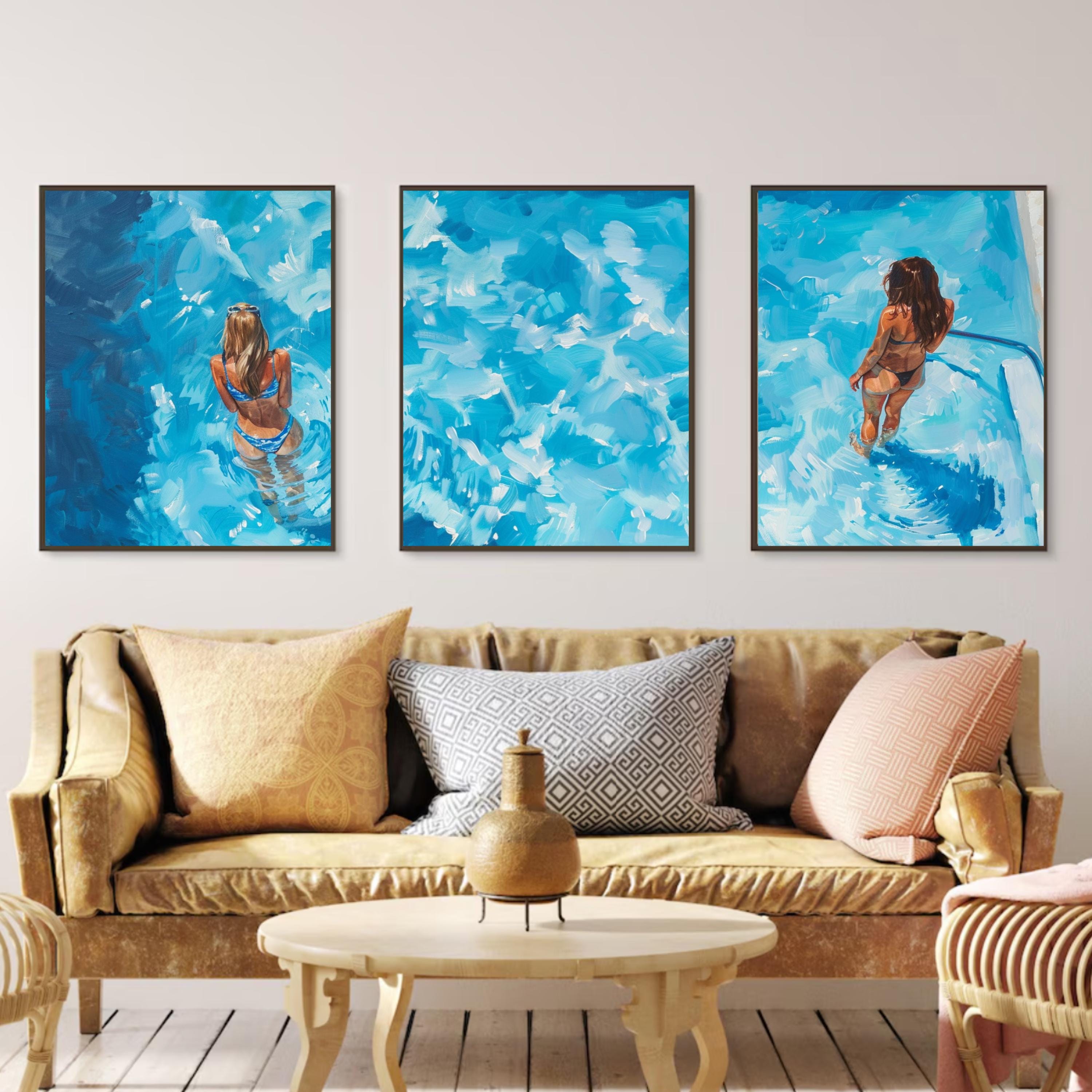 Summer Pool Art | Poolside Bliss: Acrylic Painting of Women Relaxing in a Pool - Three-Piece Poster Set