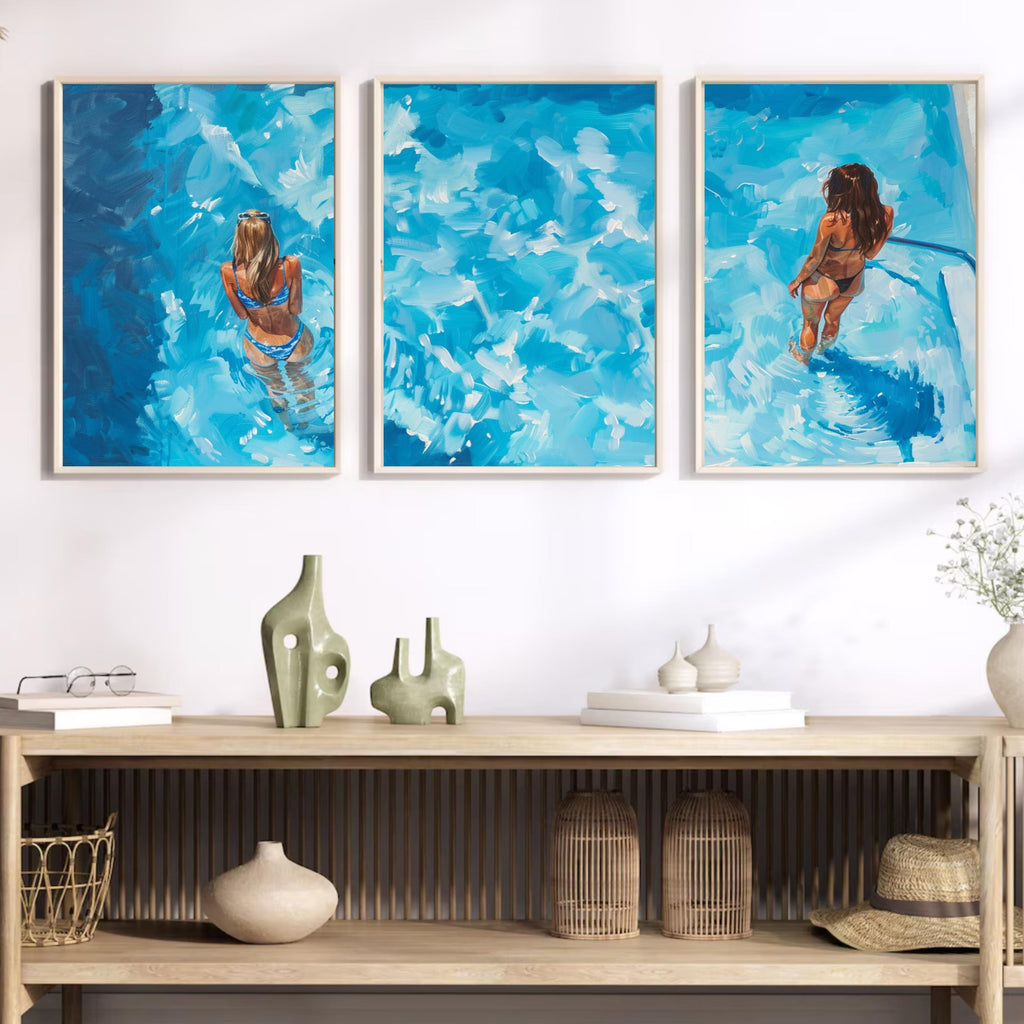 Summer Pool Art | Poolside Bliss: Acrylic Painting of Women Relaxing in a Pool - Three-Piece Poster Set