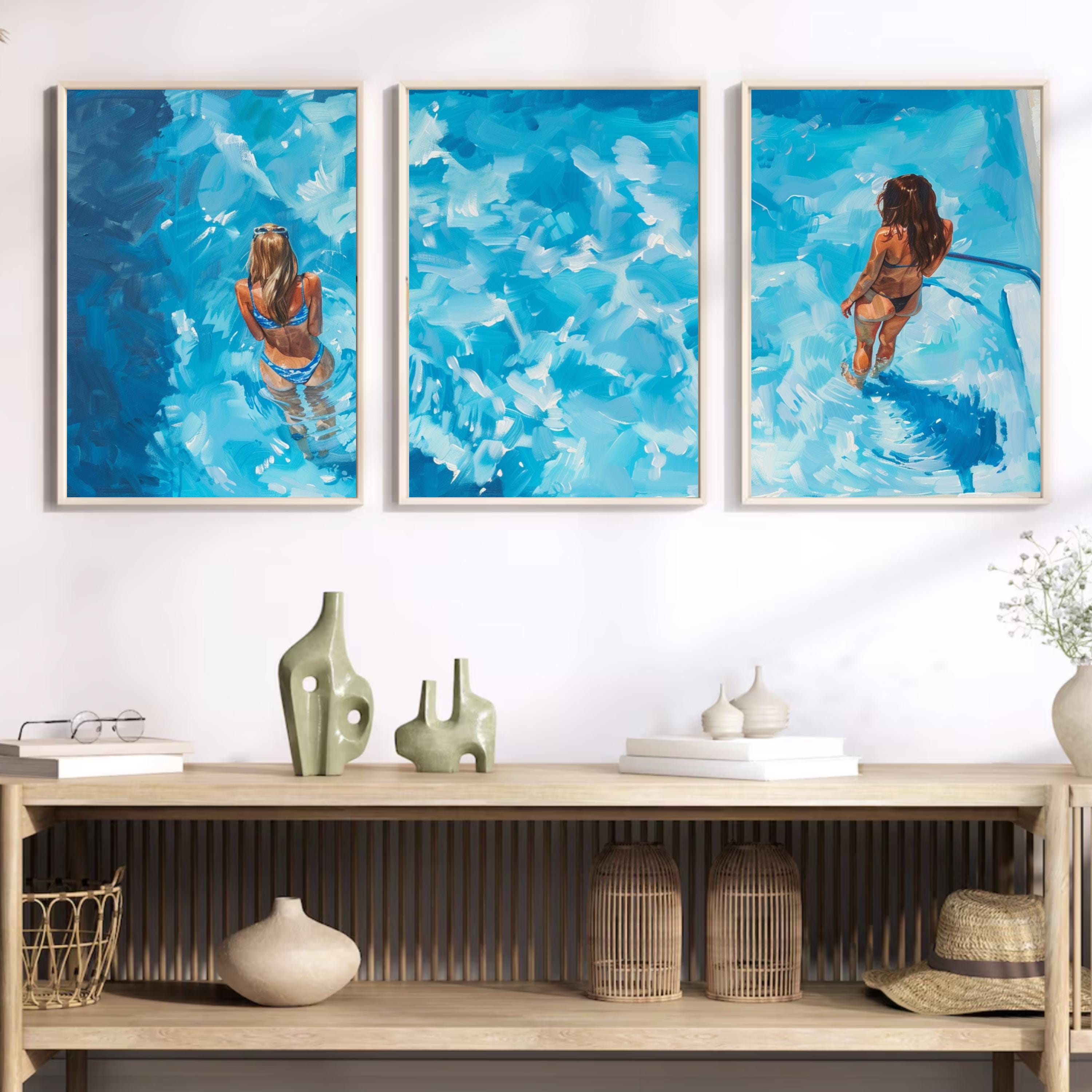 Summer Pool Art | Poolside Bliss: Acrylic Painting of Women Relaxing in a Pool - Three-Piece Poster Set