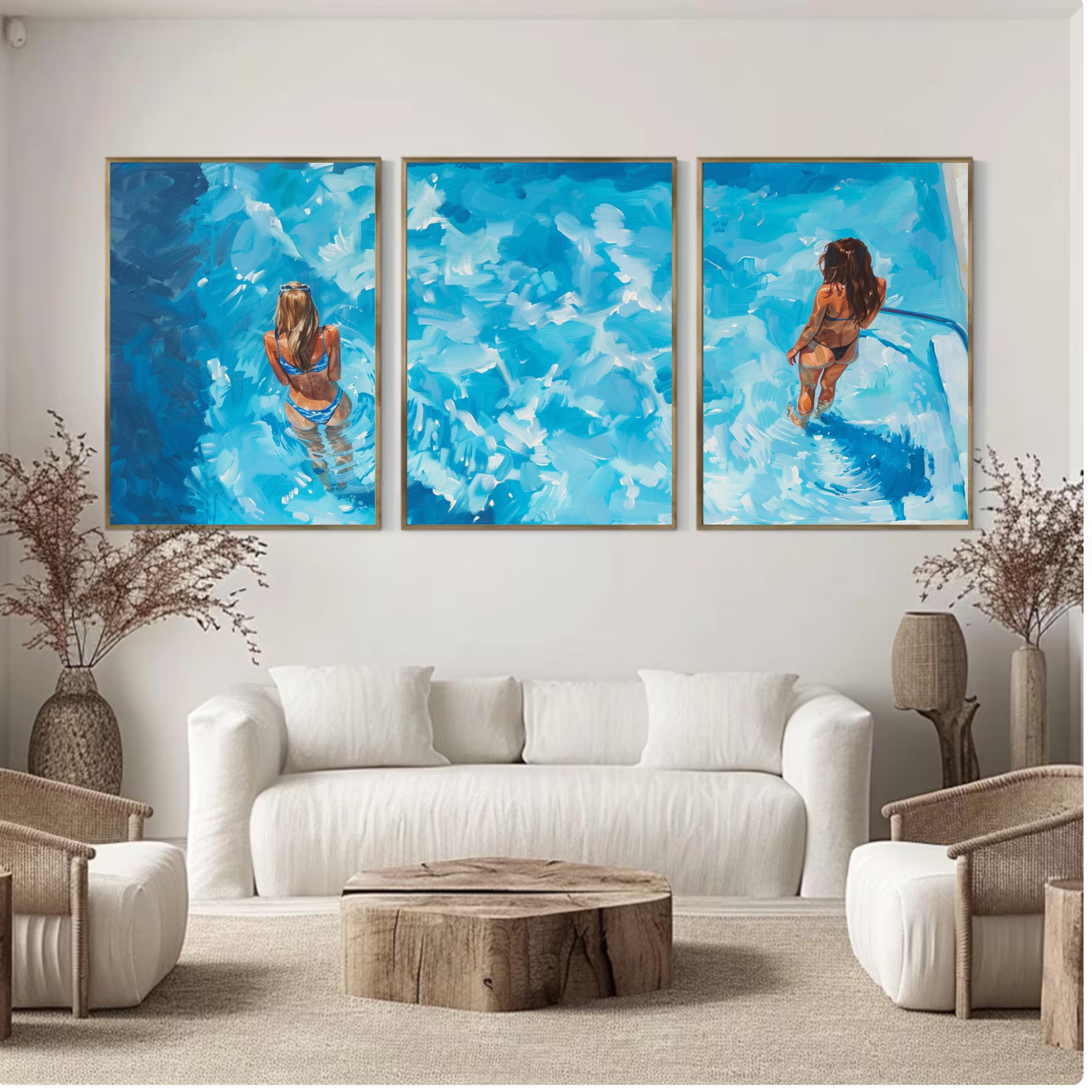 Three-piece poster set featuring women enjoying a summer day in a pool, captured with rich blue hues and fluid brushstrokes.