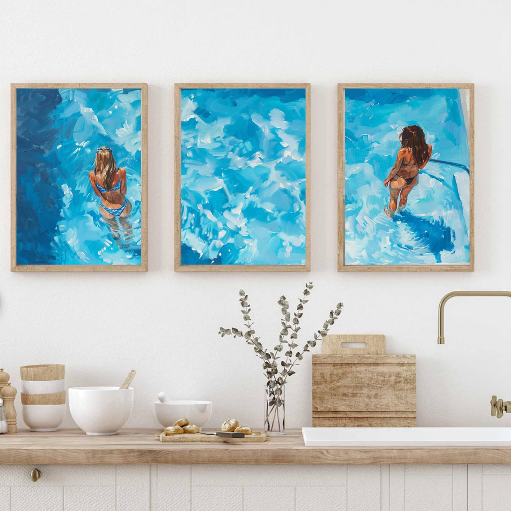 Summer Pool Art | Poolside Bliss: Acrylic Painting of Women Relaxing in a Pool - Three-Piece Poster Set