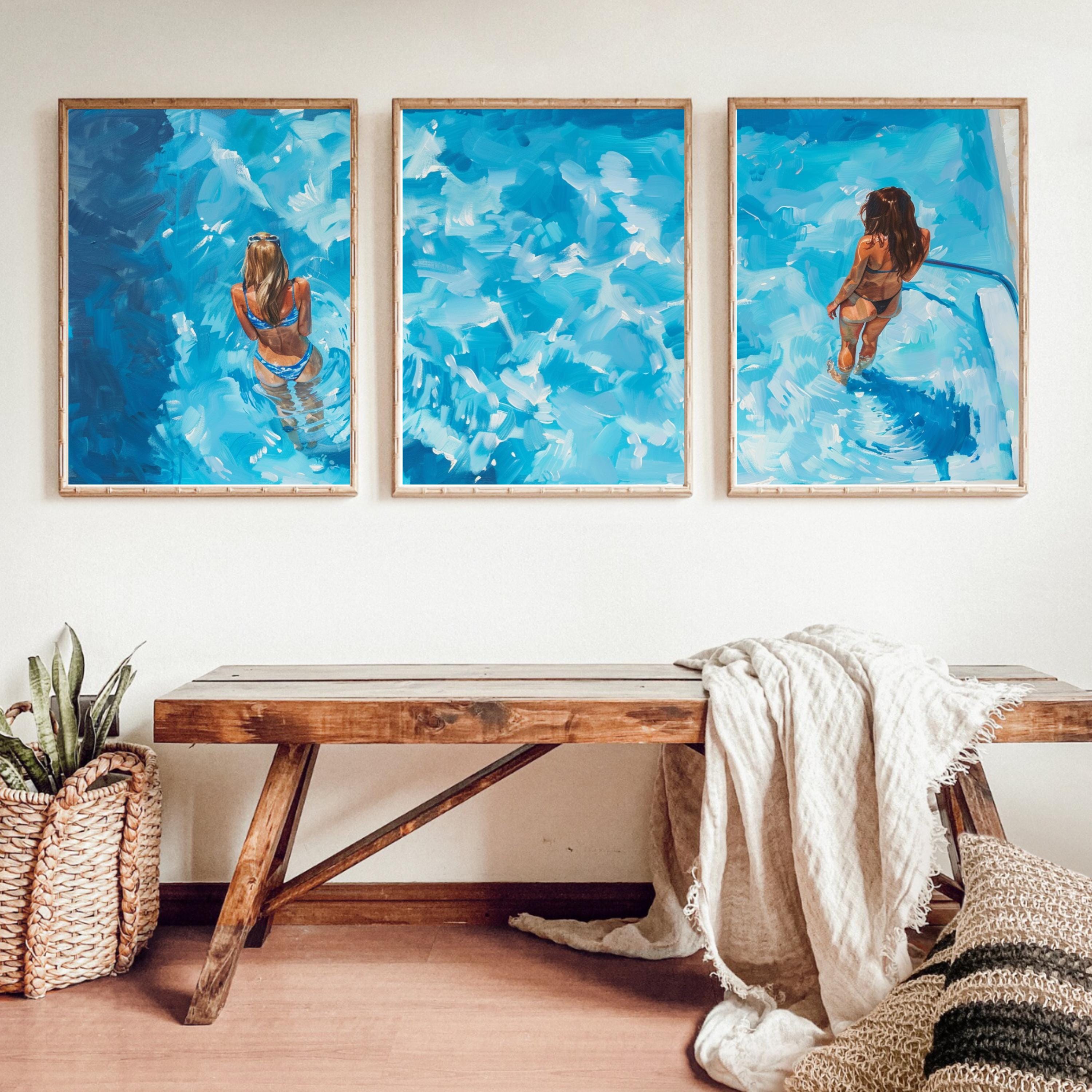Summer Pool Art | Poolside Bliss: Acrylic Painting of Women Relaxing in a Pool - Three-Piece Poster Set