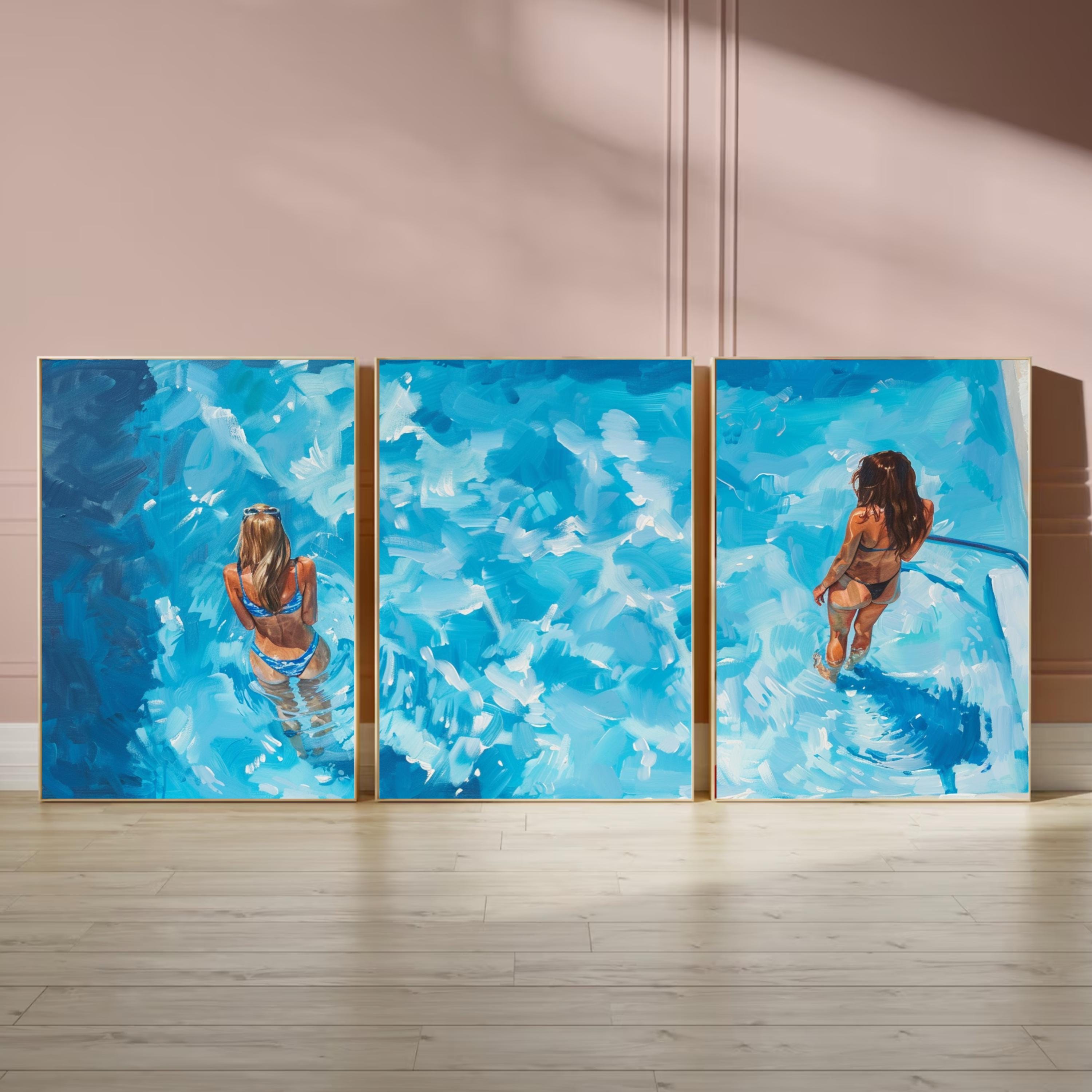 Acrylic painting of two women relaxing in a pool, with vibrant blue water and dynamic brushstrokes, split into three poster pieces.