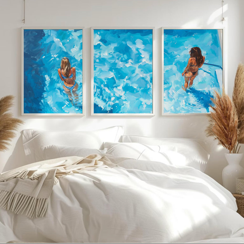 Summer Pool Art | Poolside Bliss: Acrylic Painting of Women Relaxing in a Pool - Three-Piece Poster Set