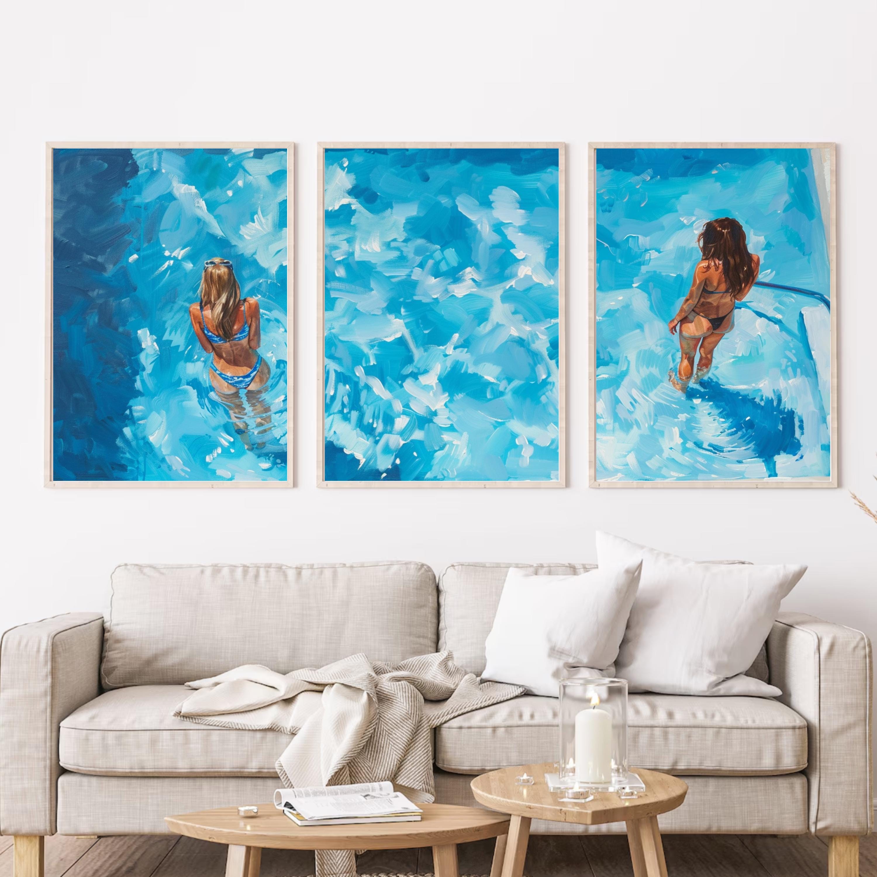 Summer Pool Art | Poolside Bliss: Acrylic Painting of Women Relaxing in a Pool - Three-Piece Poster Set