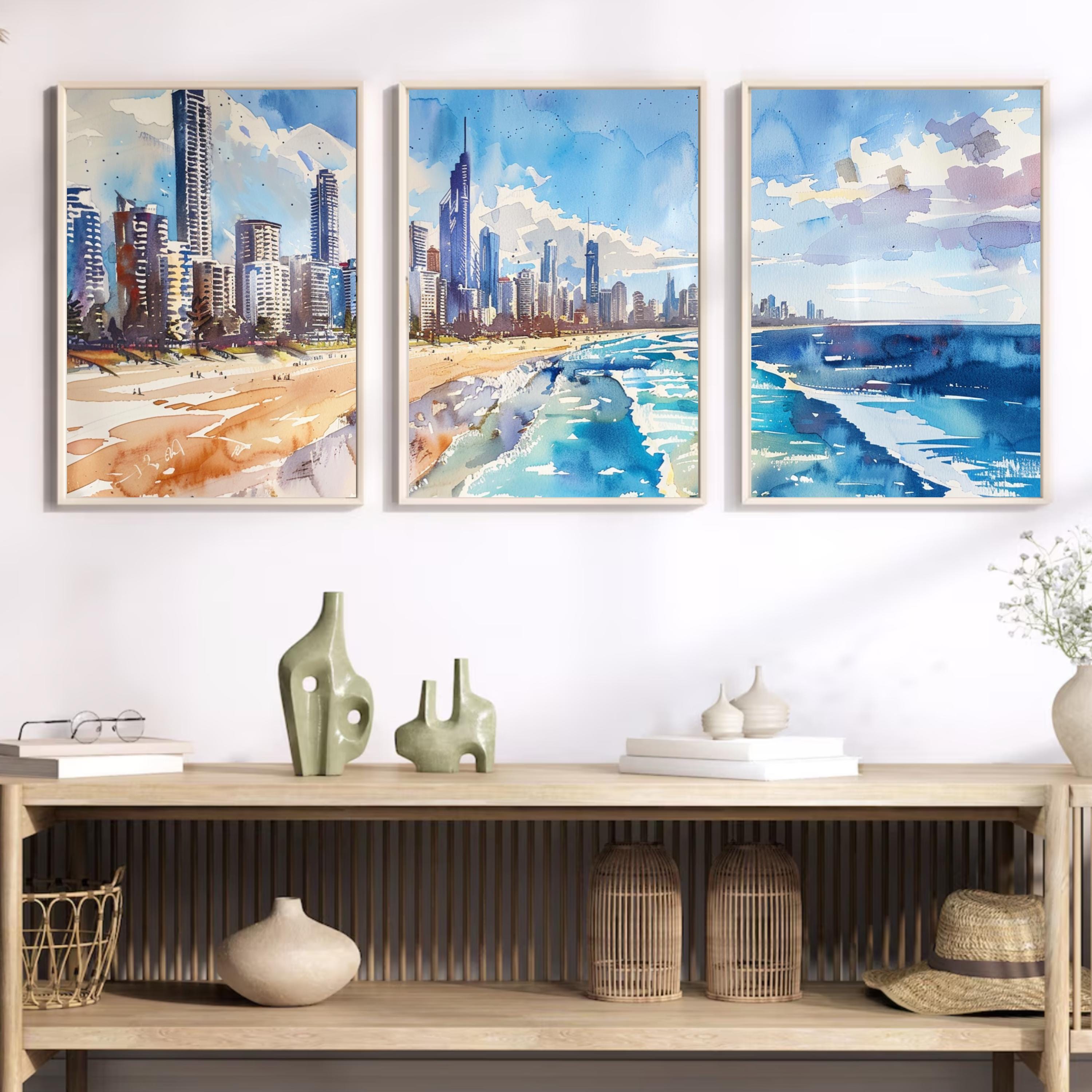 Detailed view of the Gold Coast cityscape and beach in a dynamic watercolor style.