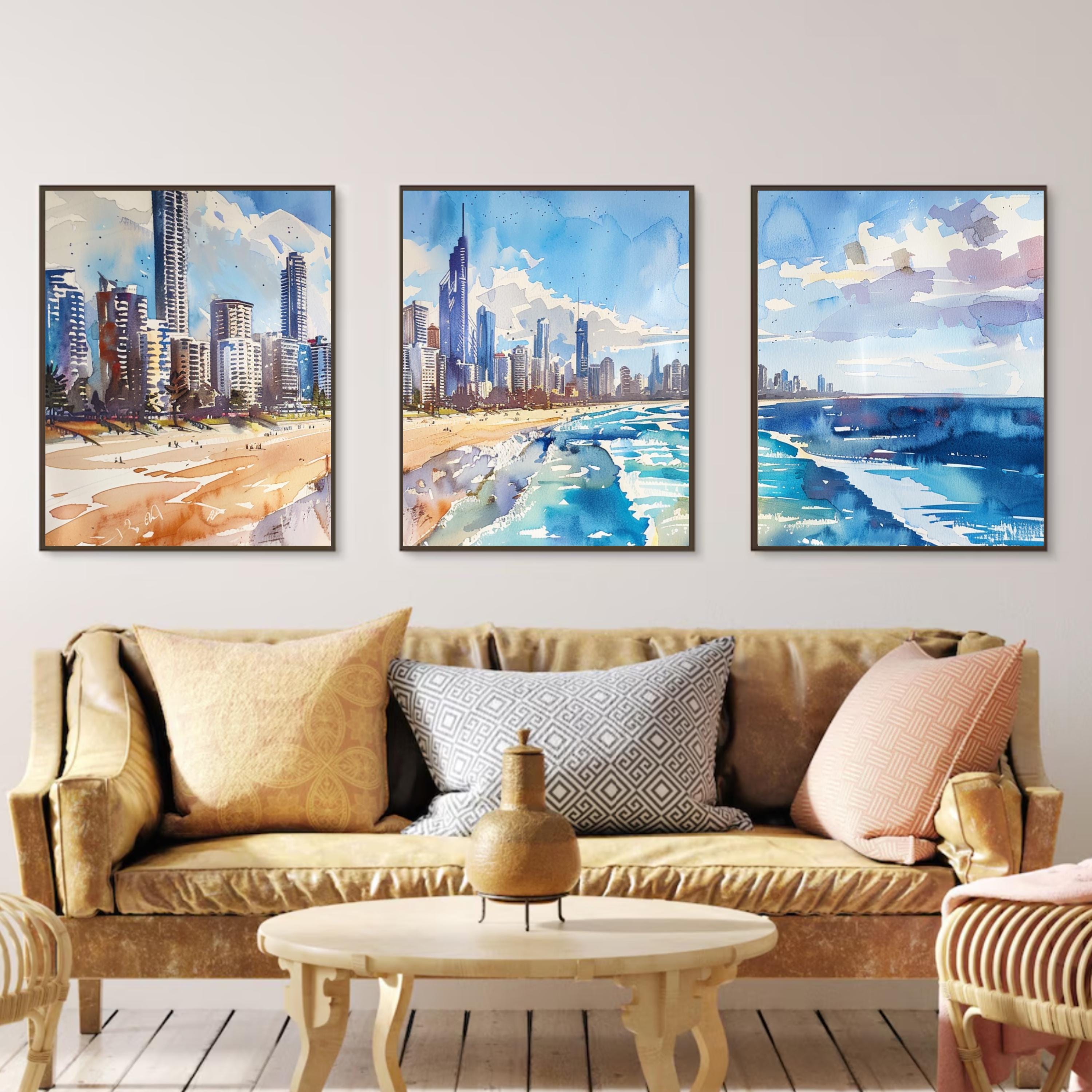 Gold Coast Skyline: Watercolor Painting of Gold Coast Skyline and Beach - Three-Piece Poster Set