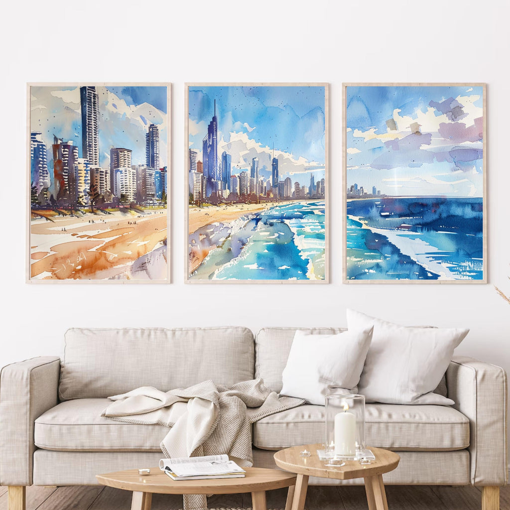 Gold Coast Skyline: Watercolor Painting of Gold Coast Skyline and Beach - Three-Piece Poster Set