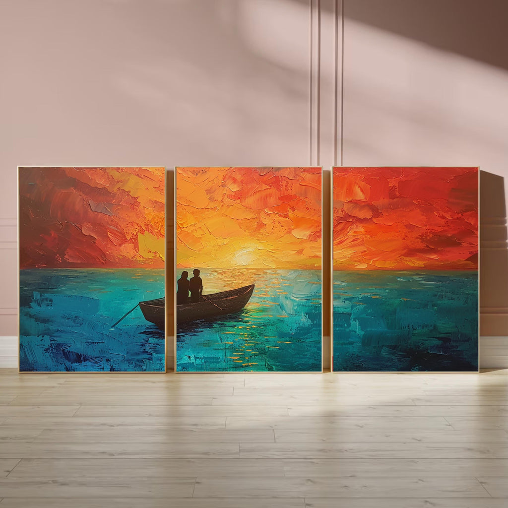 Sunset Serenity: Acrylic Painting of a Couple in a Boat on Tranquil Waters - Three-Piece Poster Set