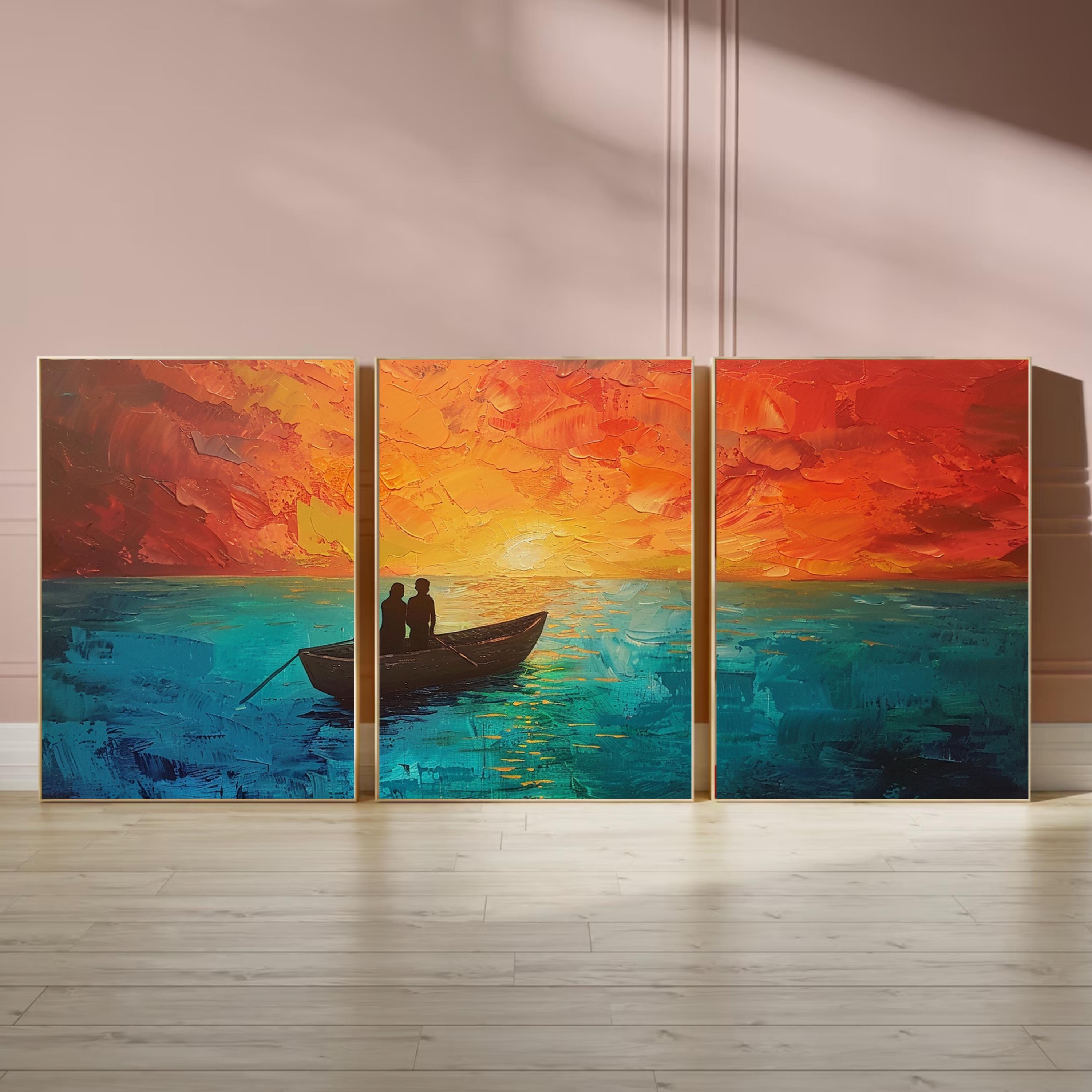 Sunset Serenity: Acrylic Painting of a Couple in a Boat on Tranquil Waters - Three-Piece Poster Set