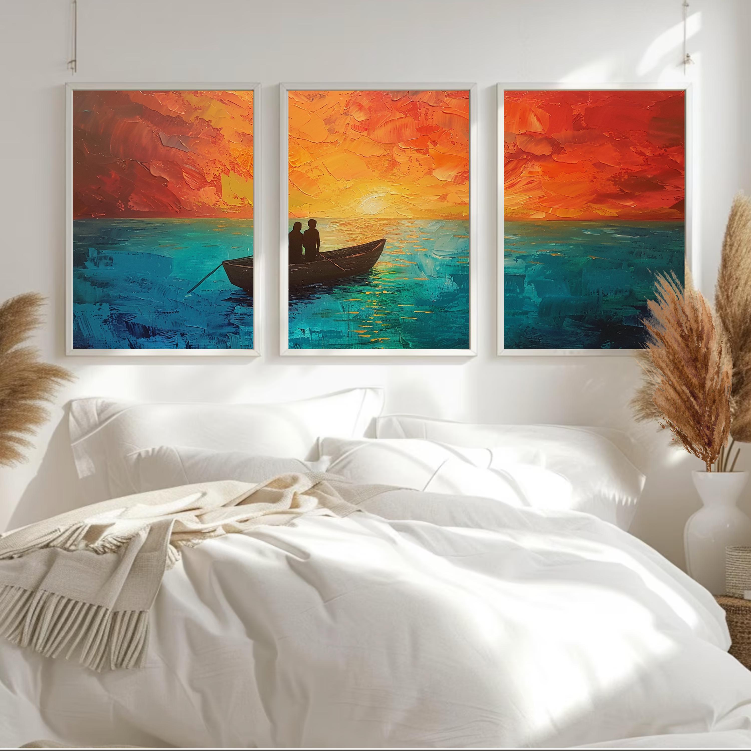 Sunset Serenity: Acrylic Painting of a Couple in a Boat on Tranquil Waters - Three-Piece Poster Set