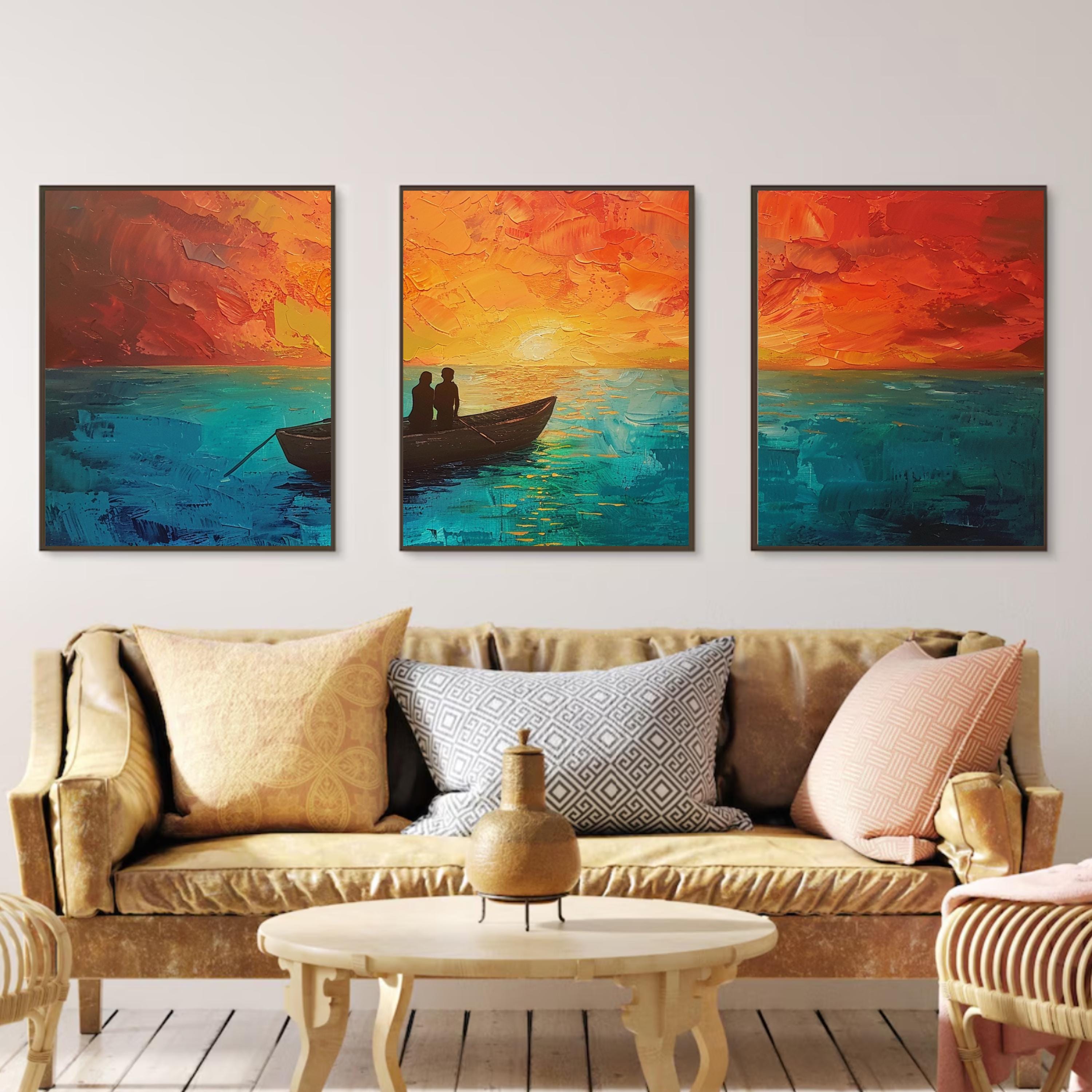 Sunset Serenity: Acrylic Painting of a Couple in a Boat on Tranquil Waters - Three-Piece Poster Set