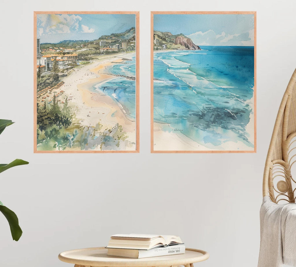 Burleigh Heads Bliss: Watercolor Painting of Coastal Landscape - Three-Piece Poster Set