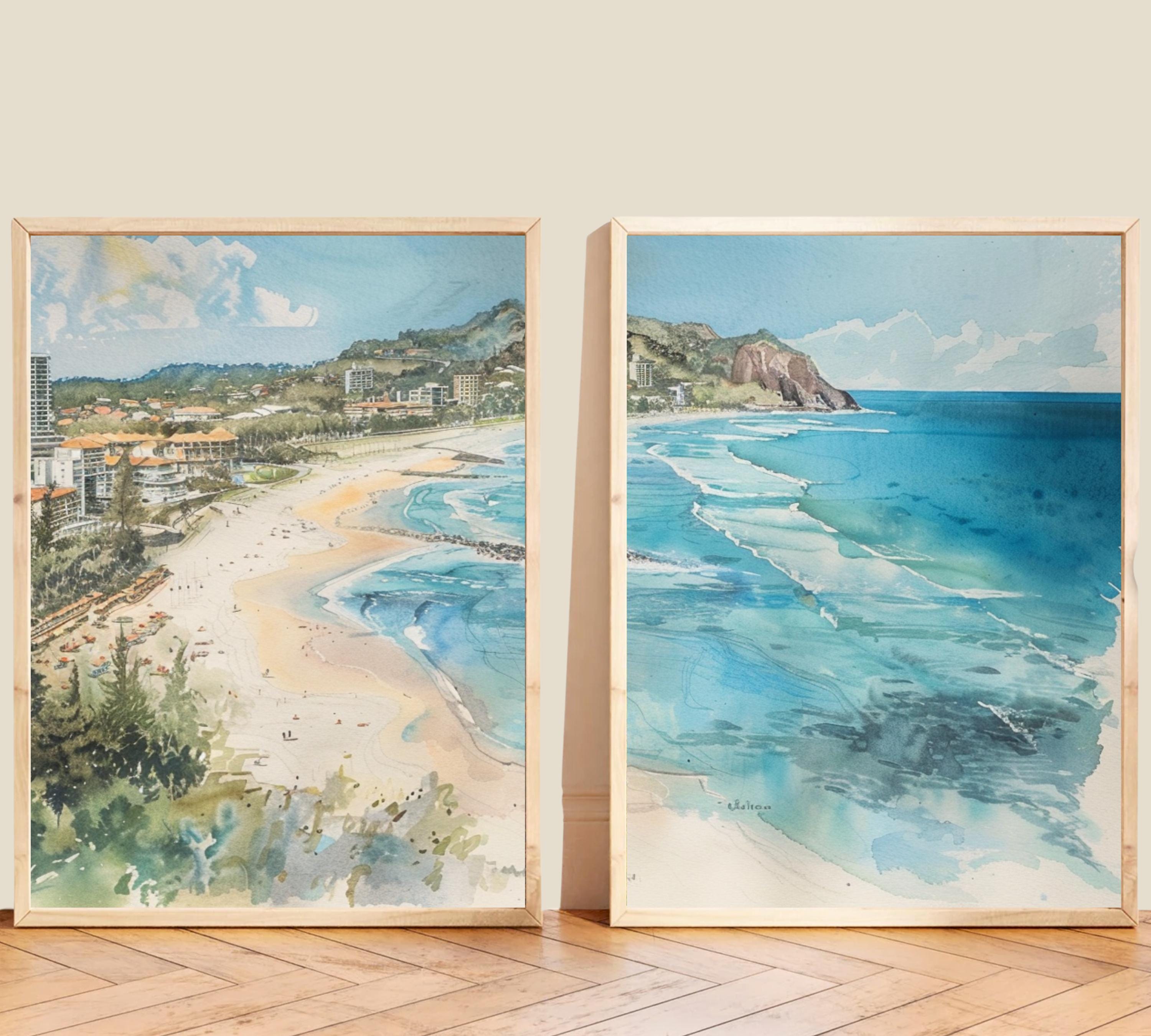 Detailed view of Burleigh Heads beach and ocean in a dynamic watercolor style.