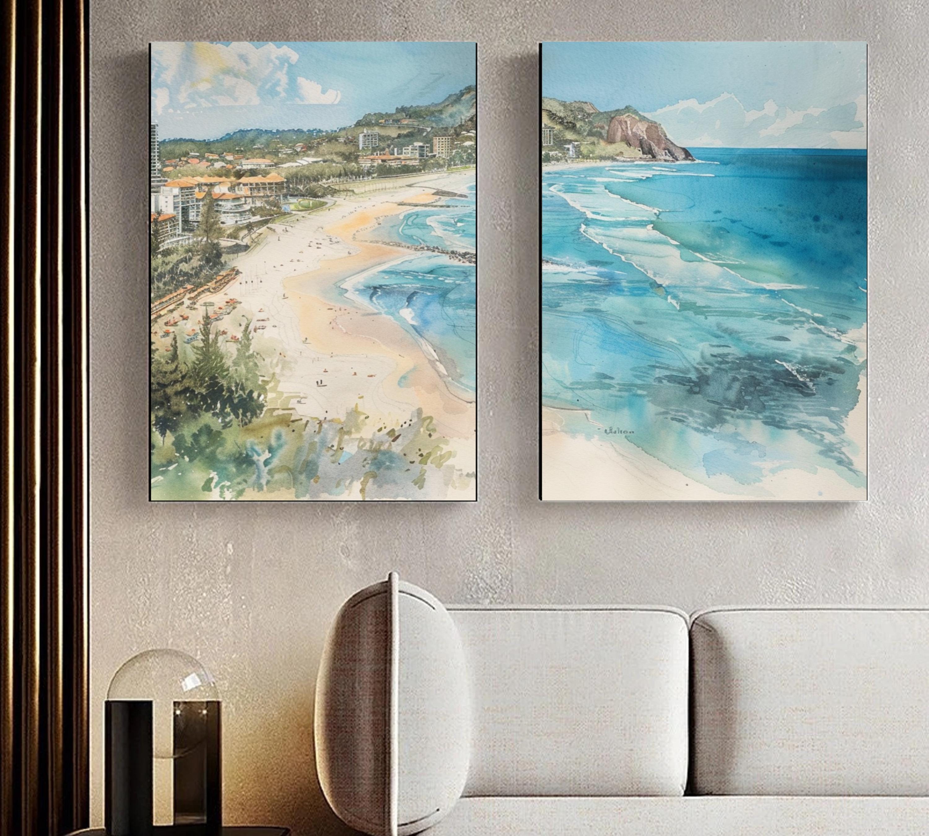 Three-piece poster set featuring Burleigh Heads' iconic shoreline and urban landscape, captured with fluid brushstrokes.