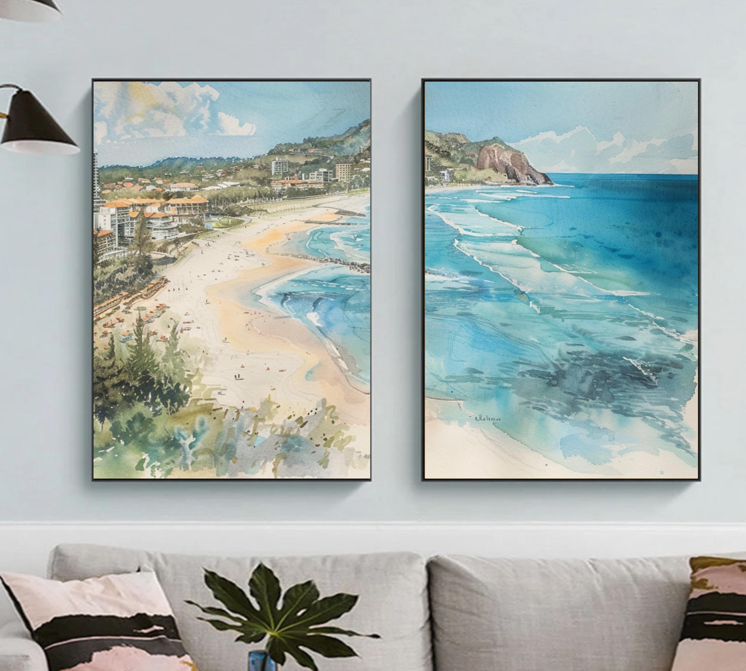 Burleigh Heads Bliss: Watercolor Painting of Coastal Landscape - Three-Piece Poster Set