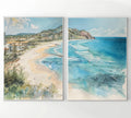 Watercolor painting of Burleigh Heads coastal landscape, split into three poster pieces.