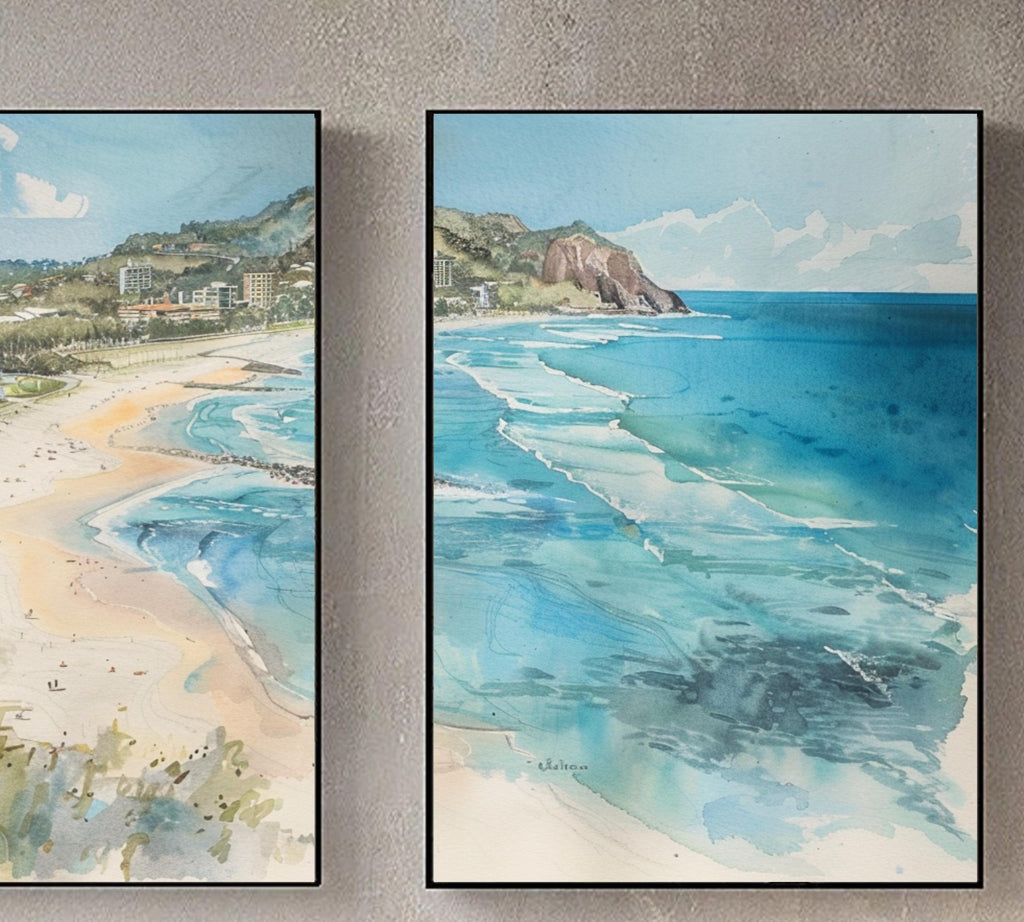 Burleigh Heads Bliss: Watercolor Painting of Coastal Landscape - Three-Piece Poster Set