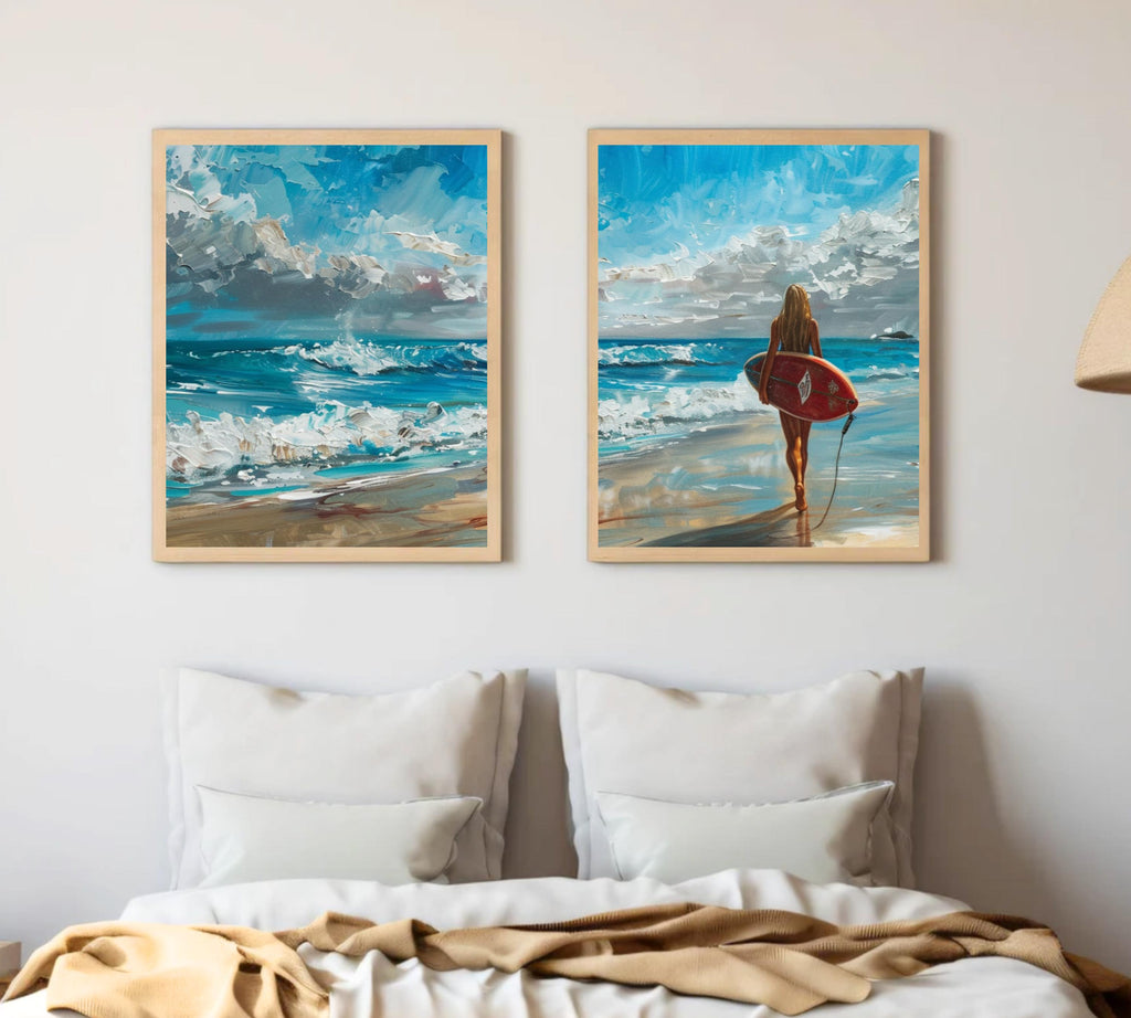 Surfer's Journey: Two-Piece Acrylic Painting Poster Set of a Surfer Girl at the Beach