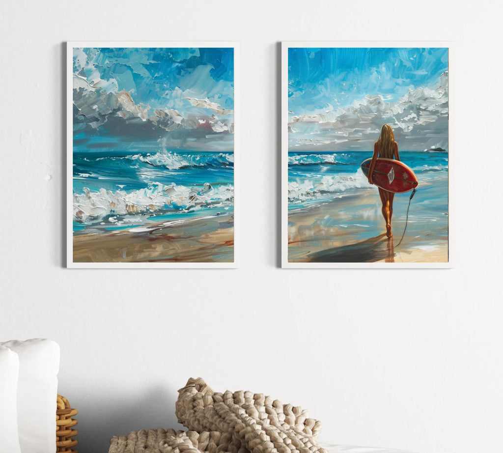 Surfer's Journey: Two-Piece Acrylic Painting Poster Set of a Surfer Girl at the Beach