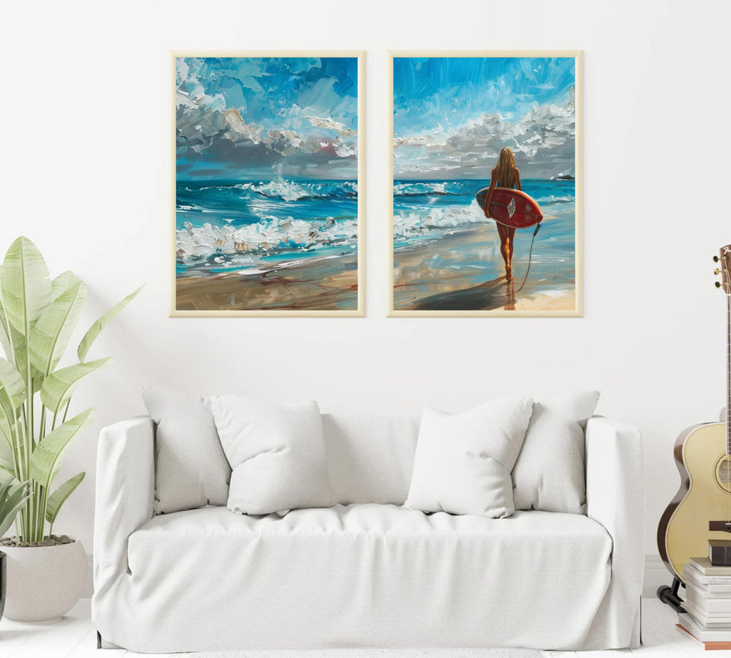 Two-piece poster set featuring a serene and adventurous coastal moment with a surfer girl.