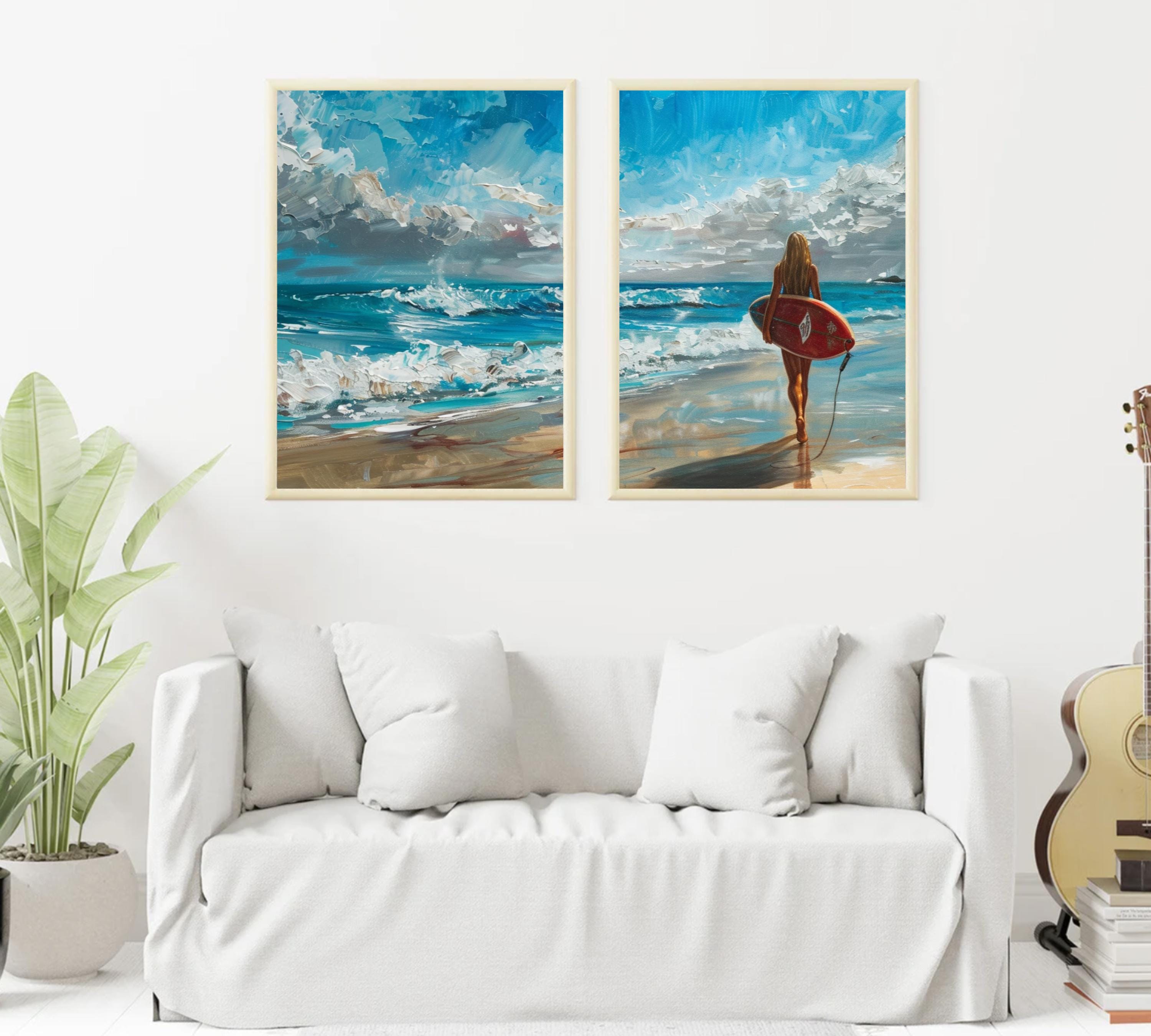 Two-piece poster set featuring a serene and adventurous coastal moment with a surfer girl.
