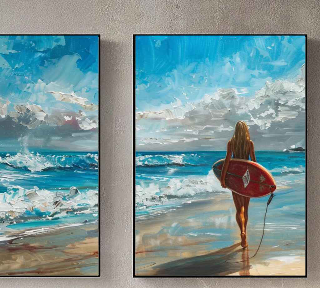 Dynamic beach scene with a surfer girl and crashing waves, captured in vibrant acrylic colors.