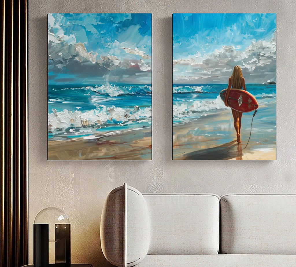 Surfer's Journey: Two-Piece Acrylic Painting Poster Set of a Surfer Girl at the Beach