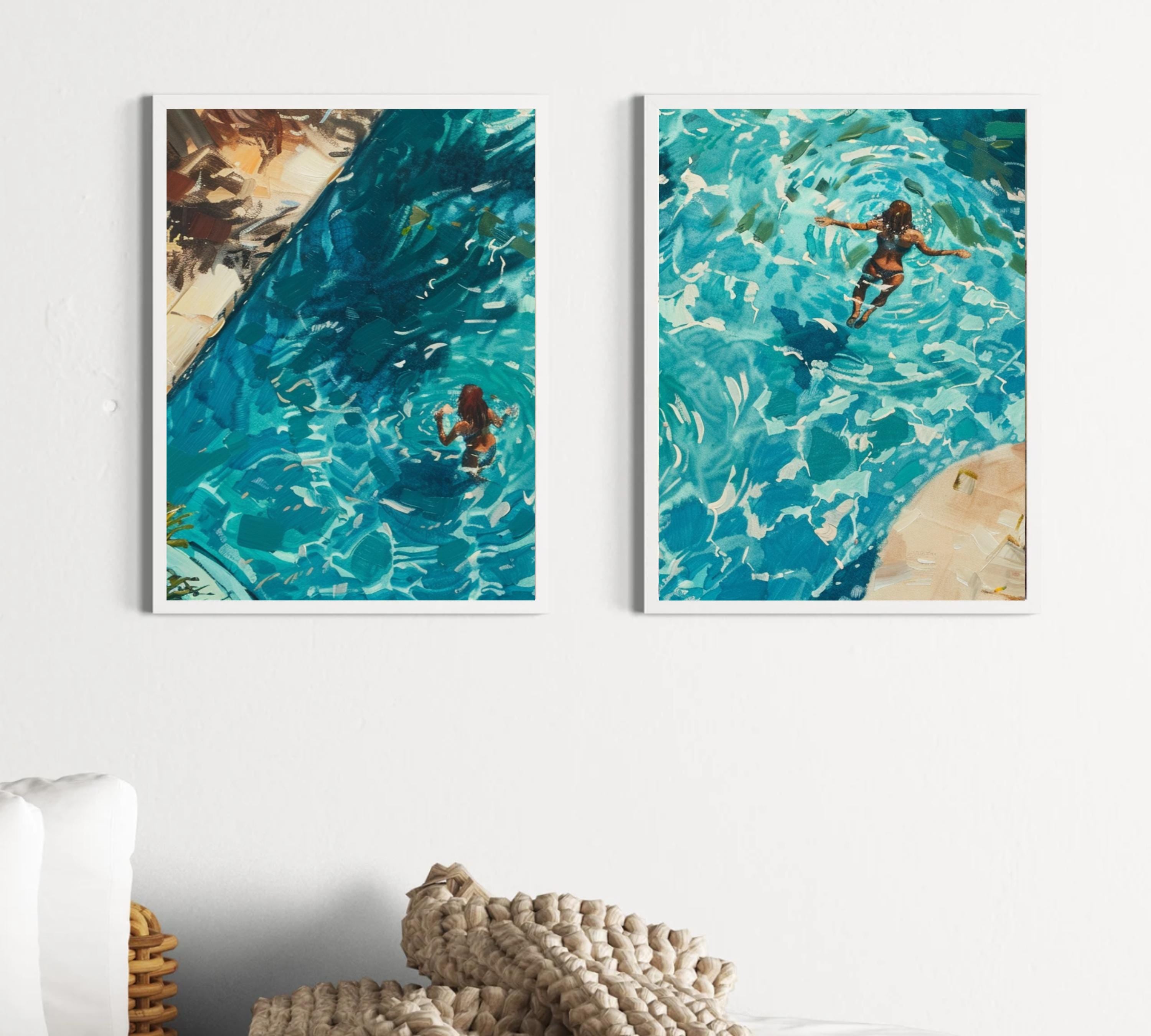 Girls swimming in Pool | Watercolor Poster Set of a Swimmer in Turquoise Water