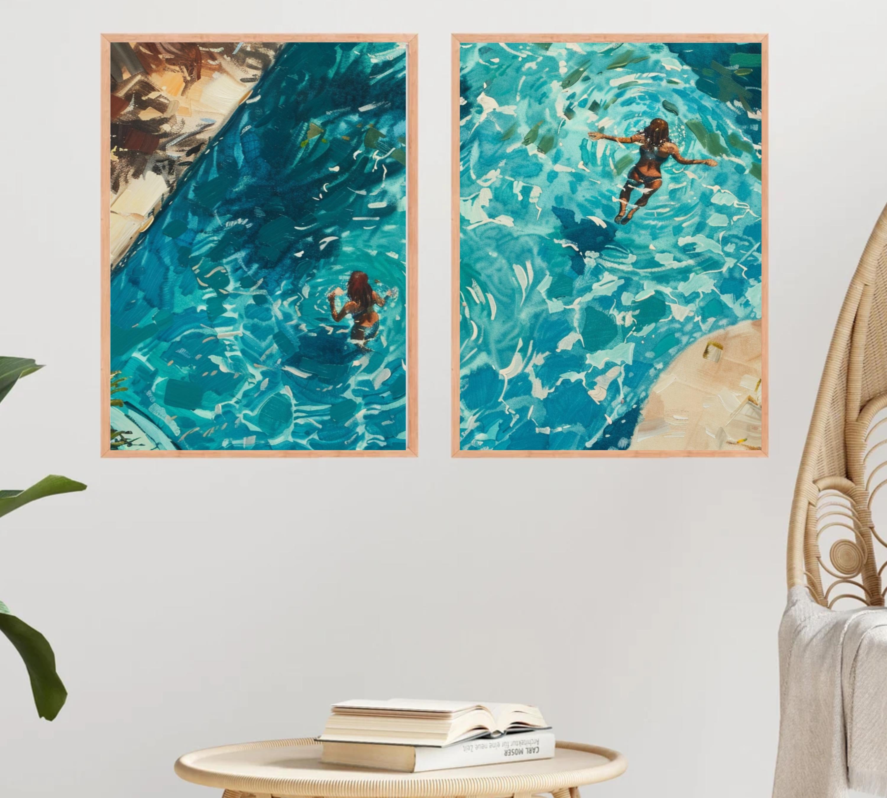 Girls swimming in Pool | Watercolor Poster Set of a Swimmer in Turquoise Water