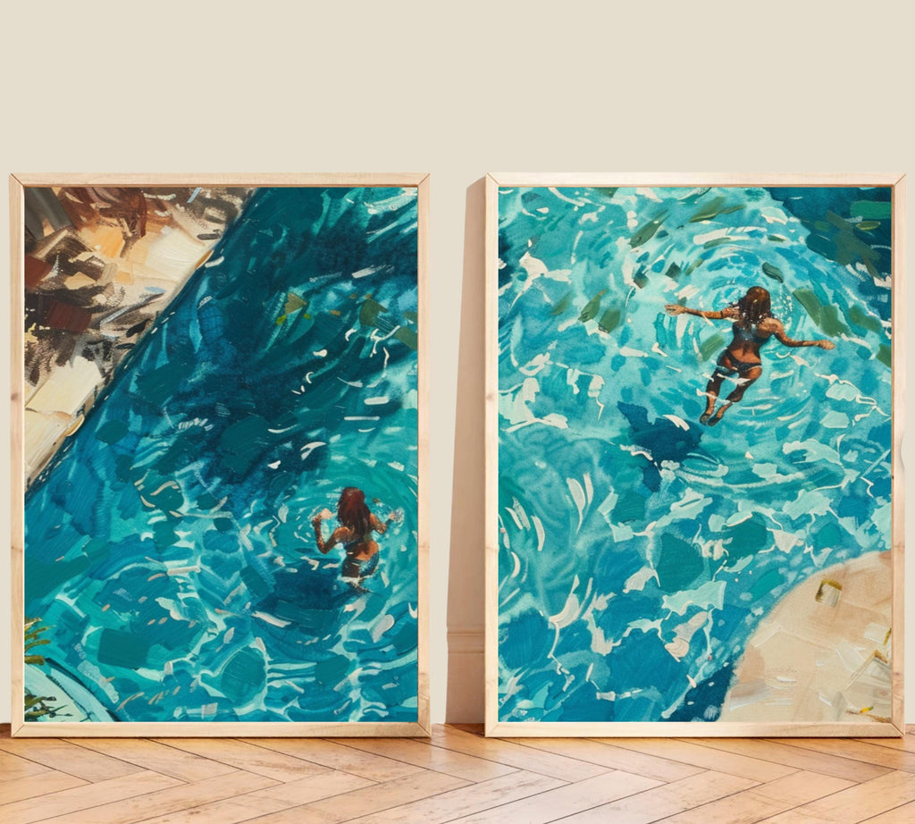 Watercolor painting of a woman swimming in turquoise waters, split into two poster pieces.