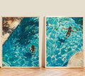 Watercolor painting of a woman swimming in turquoise waters, split into two poster pieces.